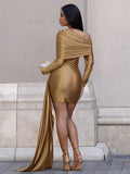 Sexy Christmas Dress Women Ruched Elegant Ribbon Irregular Full Sleeve Evening Skew Collar Skinny Peach Hip Bodycon