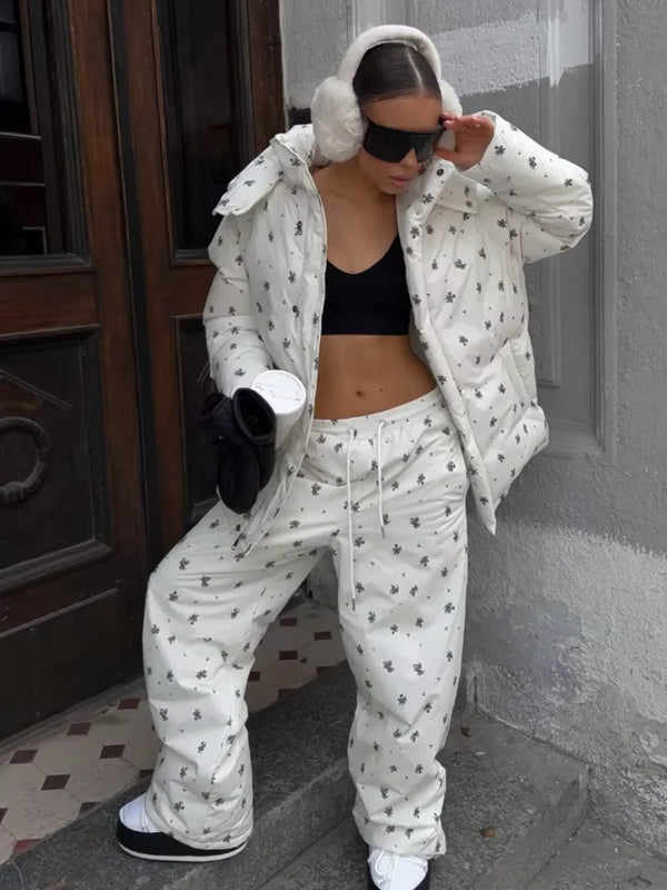 Women Floral Print Hooded Puffer Snow Suit Two Piece Outfit Thick Warm Winter Windproof Ski Jacket Wide Leg Pants Set Outdoor