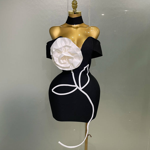 Luxury Celebrity Evening Club Elegant Party Gowns Women New Sexy Off Shoulder White 3D Flower Black Mini Bodycon Bandage Dress