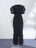 Floral Puff Sleeves Maxi Dresses Women's Slim Waist-cinching Hip-wrap V-neck Dress 2026 New Ladies Summer Vacation Outwear