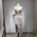 Women's Luxury Feather Rhinestone Beaded Glam Sheer High Slit Tube Top Dress Fashion Hot Birthday Party Banquet Performance Gown