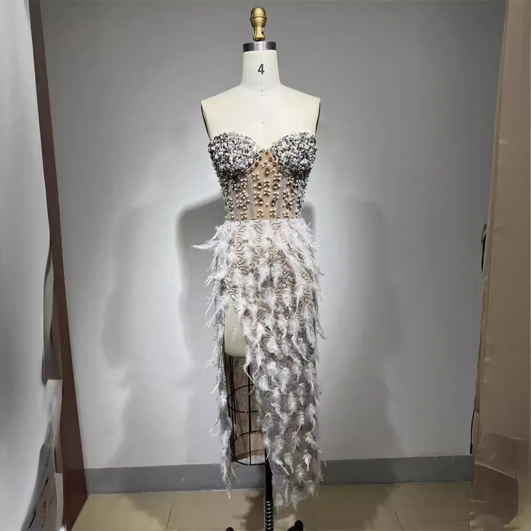 Women's Luxury Feather Rhinestone Beaded Glam Sheer High Slit Tube Top Dress Fashion Hot Birthday Party Banquet Performance Gown
