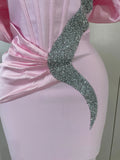 Shiny Rhinestones Pleat Pink Off The Shoulder Bodycon Long Bandage Dress Celebrate Evening Party Luxury Birthday Wedding Dress