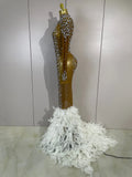 New Sexy Sparkling Red Crystals Feathers Long Sleeve Mermaid Maxi Dress Women Wedding Celebrate Luxury Birthday Party Prom Gown
