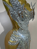 Sexy Strapless Mesh See Through Eveing Birthday Party Nightclub Stage Costume Women Sparkly Silver Rhinestone Sequins Mini Dress