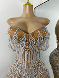 Luxury Pearls Sparkly Rhinestones Women Sexy Off Shoulder Mesh See Through Mini Bodycon Birthday Dress Party Performance Costume