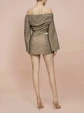 Elegant Folds Women Two Piece Set Slash Neck Long Sleeve Top Mini Skirt for Party Gathering Holiday Wear Fashion