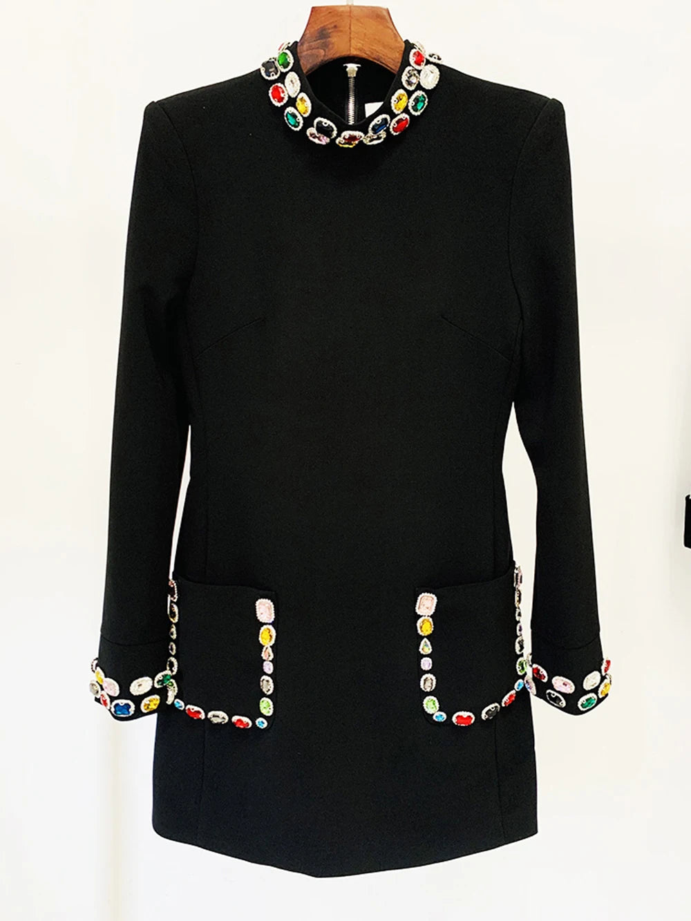 2026 New Sparkling Luxury Colored Diamonds Stand Collar Design Mini Dress Women'S Long Sleeved Fashion Elegant Vestidos
