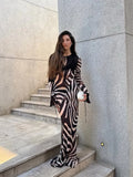 Women Zebra Stripe Long Dress Fashion Elegant Lace Up Full Sleeve Slim-fit Robes 2025 New Evening Party Fashion Lady Vestidos