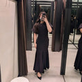 Elegant Patchwork Maxi Dress Women Solid Round Neck Short Sleeve Slim Fit Gowns Lady 2026 New Basic Evening Casual Summer Robes