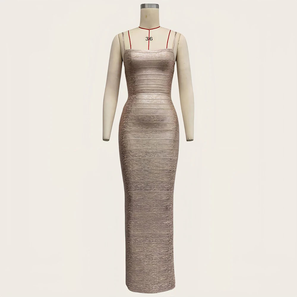 2026 Women Sexy New Sleeveless low-cut Striped Gold Long Dress Party Costume Bar Nightclub Stage Performance Clothing