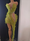 Luxury Green Sheer Mesh Ruffle Dress Neck Crystal Rhinestone Trim Cut Out Slim Fit Evening Wedding Guest Cocktail Party Dress
