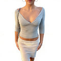 Deep V Neck Sleeve Ruched Cropped Top Wrap Front Slim Stretch s2026 Spring Summer Chic b Lady Women Sexy Minimalist Blaze