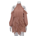 Off The Shoulder Short Dress Female Stand Collar Long Sleeve Ruched Waist Ruffles Dresses for Elegant Retro Date
