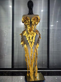 Pink Golden Women Sexy Mesh See Through Bodycon Long Dress 3D Leaves Celebrate Birthday Photoshoot Performance Costumes Wear