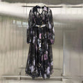 Floral Print Shirt Maxi Dress for Women Point Collar Long Lantern Sleeve Button Front Detachable Buckle Belt Sheer Chiffon