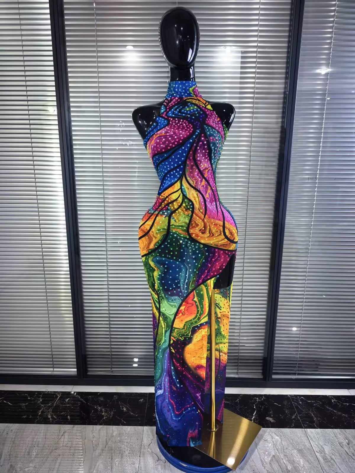 Colorful Rhinestones Print Women Sexy Off the Shoulder Mesh See Through Bodycon Long Dress Nightclub Party Performance Costumes