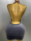 Sexy Sparkly Rhinestones Halter Backless Mesh Velour Short Dress Women Evening Prom Celebrate Birthday Party Stage Wear