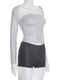 Sexy Polka Dot 3-Piece Set Women Cape Sleeves+Chest Wrapped+Shorts Matching Sweet Simple Basic Stretch Skinny Outfits