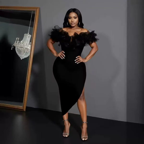 Women's Summer Ruffle Trim Off-the-shoulder Black Dress Fashion Elegant Party Bandage Evening Performance Gown Vestido De Festas