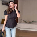 Vintage Women Satin Solid Jacket Puff Short Sleeve Single Breasted Waist Top Fashion All-match Retro 2026 Spring Summer Coat