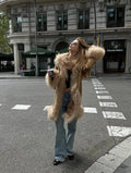 Women Shaggy Faux Fur Patchwork Mid Length Coat Lapel Open Front Long Sleeve Vintage Coats Elegant Winter Warm Outerwear 2026