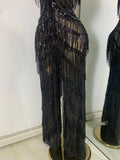 Sparkly Diamonds Sequins Fringes Luxury Jumpsuit Gold Sleeveless Mesh Performance Dance Costume Nightclub Singer Stage Rompers