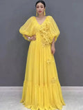 Women Maxi Dresses V Neck Lantern Sleeve 3D Flower Ruffle Hem Big Swing Elegant Vacation Summer