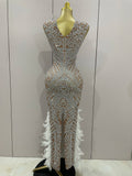 Women Sparkly Rhinestone Feathers Sleeveless O Neck Bodycon Long Dress Wedding Guest Gowns Luxury Birthday Evening Party Dress