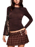 Edgy Street Style Plaid Mini Skirts for Women Low Waist Metal Ring Accent Pleated Hem for Vintage Music Festival