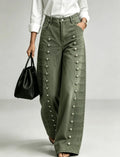 Women Denim Jeans High Waist Metal Button Decor Wide Leg Floor Length Streetwear Casual Trousers Autumn