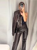 Women's Brown Faux Leather Pants Set Fashion Lapel Single Breasted Cropped Jacket Wide Leg Trouser Lady Autumn Chic Outfits