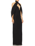 Award Ceremonies Black Halter Maxi Gown for Women Deep V Neck Sheer Cape Sleeves Backless Chiffon Skirts for Formal Galas