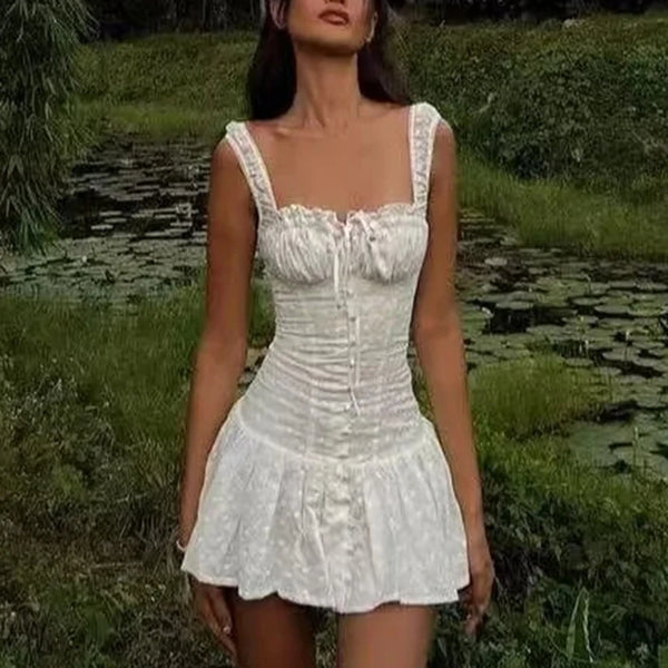 Solid Spliced Lace Up Mini Dresses for Women Square Neck Sleeveless High Waist Temperament Dress Female New
