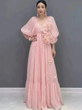 Women Maxi Dresses V Neck Lantern Sleeve 3D Flower Ruffle Hem Big Swing Elegant Vacation Summer