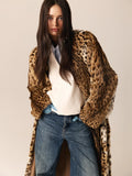 Leopard Print Faux Fur Long Coat Women Plush Belted Waist V Neck Loose Fit Thick Maxi Coats Warm Winter Elegant Luxury Outerwear