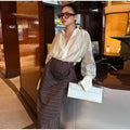 Fashion Women's See Through Blouse Long Skirt Set Lapel Deep V-neck Full Sleeve Lace Up Shirt Stripe Irregular Skirts 2026 Suit