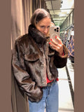 Women's Brown Faux Fur Cropped Jacket Fashion Stand Collar Single Breasted Pocket Casual Coat Lady 2026 Spring Chic Outerwear
