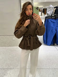 Women Suede Jacket Stand Collar Asymmetric Button Belted Waist Peplum Hem Long Sleeve Loose Retro Casual Outerwear Fashion Coat