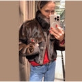 Women's Brown Faux Fur Cropped Jacket Fashion Stand Collar Single Breasted Pocket Casual Coat Lady 2026 Spring Chic Outerwear