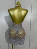 Sexy Sparkly Rhinestone Sleeveless Mesh See Through Mini Dress Luxury Birthday Dress Celebrate Party Club PhotoShoot Stage Wear