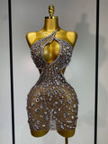 New Arrival Women Sexy Backless Hollow Out Diamond Evening Prom Gown Birthday Luxury Celebrate Stage Nightclub Outfit