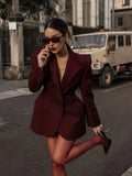 Burgundy Slim Fit Women Blazer Notched Lapel Single Breasted With Pockets Loose Hem Elegant Coat Banquet Outfit Female Clothing