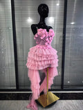 Black Pink Fairy Strapless V Neck Flowers Pearls Mesh Cupcake Mini Trailing Birthday Party Photoshoot Dress Performance Costumes