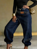 Women High Waist Wide Leg Jeans Layered Washed Asymmetrical Hip Hop Streetwear Summer