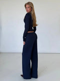 White Ribbed Knit Two Piece Set for Women Slim Button Accent Cardiagns Low Waist Loose Pant Suit for Casual Outings