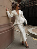 Women 2026 Spring Summer Blazer Two Piece Deep V Neck Peplum Waist Button Top Mermaid Long Skirt Commute Matching Set