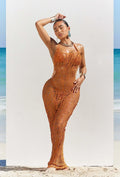 Women's Swimsuit Coverup Crochet Bikini Cover Ups Hollow Out Net Halter Sleeveless Swimwear for Beach 3 Pieces Long Dress
