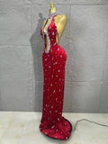 Sparkly Silver Crystal Studded Deep Cut Bodycon Satin Long Prom Gown Nightclub Dress