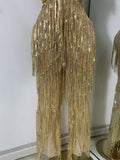Sparkly Diamonds Sequins Fringes Luxury Jumpsuit Gold Sleeveless Mesh Performance Dance Costume Nightclub Singer Stage Rompers